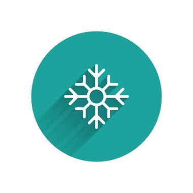 Beyaz Kar Tanesi simgesi uzun gölgeli izole edilmiş. Mutlu Noeller ve mutlu yıllar. Yeşil daire düğmesi. Vektör İllüstrasyonu