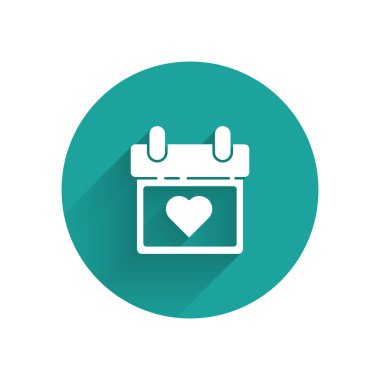 Uzun gölge ile izole kalp simgesi ile Beyaz Takvim. Sevgililer günü. Aşk sembolü. 14 Şubat. Yeşil daire düğmesi. Vektör İllüstrasyonu