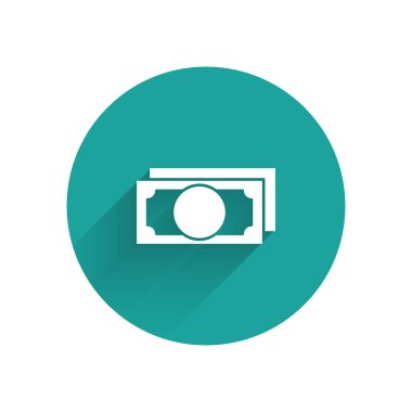 White Stacks kağıt para ikonu uzun gölgeli izole. Para desteleri. Para birimi. Yeşil daire düğmesi. Vektör İllüstrasyonu