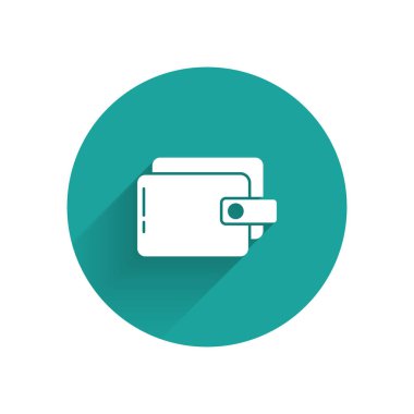 Beyaz cüzdan simgesi uzun gölge ile yalıtılmış. Cüzdan simgesi. Nakit tasarruf sembolü. Yeşil daire düğmesi. Vektör Illustration