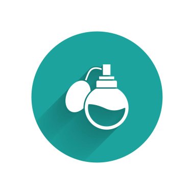 Uzun gölgeli beyaz parfüm ikonu. Yeşil daire düğmesi. Vektör İllüstrasyonu