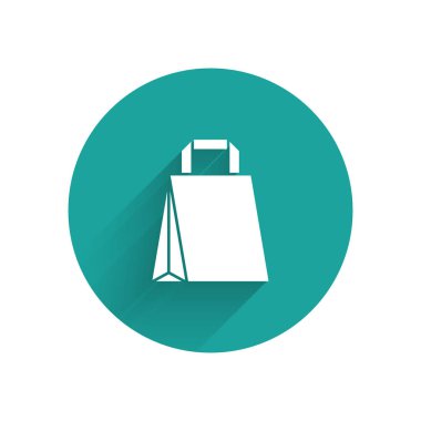 Beyaz Kağıt alışveriş çantası simgesi uzun gölge ile izole. Paket işareti. Yeşil daire düğmesi. Vektör Illustration