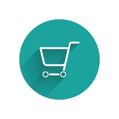 Uzun gölgeli beyaz alışveriş arabası ikonu. İnternetten satın alma konsepti. Servis tabelası. Süpermarket sepeti sembolü. Yeşil daire düğmesi. Vektör İllüstrasyonu