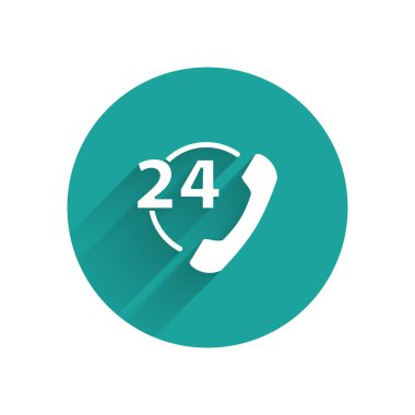 Beyaz Telefon 24 saat boyunca izole edilmiş uzun gölgeli ikon. Tüm gün müşteri destek merkezi. Tam zamanlı çağrı servisi. Yeşil daire düğmesi. Vektör İllüstrasyonu