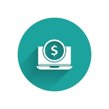 Beyaz laptop dolar sembol simgesi ile uzun gölge izole. Online alışveriş konsepti. Internet, pazarlama kazançlar. Yeşil daire düğmesi. Vektör Illustration