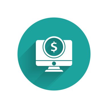 Beyaz bilgisayar monitör dolar sembol simgesi ile uzun gölge izole. Online alışveriş konsepti. Internet, pazarlama kazançlar. Yeşil daire düğmesi. Vektör Illustration