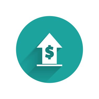 Beyaz Finansal büyüme ve madeni para ikonu uzun gölgeli izole edilmiş. Gelirleri arttırıyorum. Yeşil daire düğmesi. Vektör İllüstrasyonu