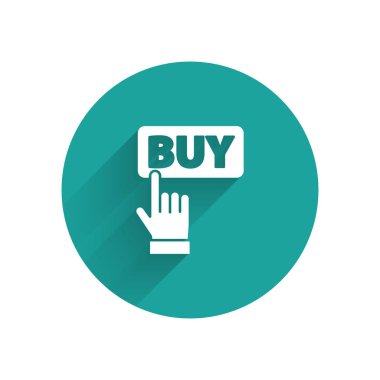 White Buy düğmesi simgesi uzun gölgeyle izole edildi. Yeşil daire düğmesi. Vektör İllüstrasyonu