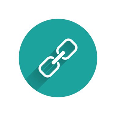 Beyaz zincir bağlantı simgesi uzun gölge ile yalıtılmış. Tek bağlantı. Köprü zinciri sembolü. Yeşil daire düğmesi. Vektör Illustration