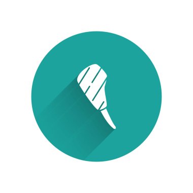 Uzun gölgeli beyaz kaburga biftek ikonu. Biftek baltası. Bir parça et. Yeşil daire düğmesi. Vektör İllüstrasyonu