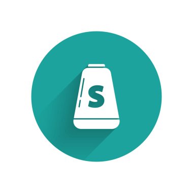 Beyaz tuz simgesi uzun gölgeli. Yemek pişirme baharatları. Yeşil daire düğmesi. Vektör İllüstrasyonu