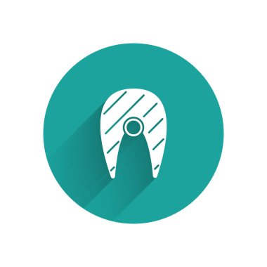 Uzun gölgeli beyaz balık biftek ikonu. Yeşil daire düğmesi. Vektör İllüstrasyonu