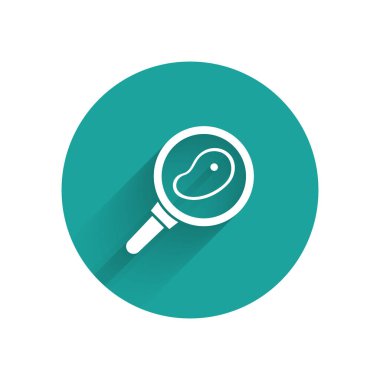 Kızartma ikonunda uzun gölgeli beyaz biftek. Yeşil daire düğmesi. Vektör İllüstrasyonu