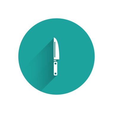 Beyaz bıçak simgesi uzun gölge ile yalıtılmış. Çatal bıçak sembolü. Yeşil daire düğmesi. Vektör Illustration