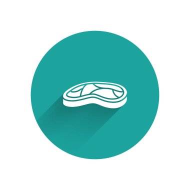 Uzun gölgeli beyaz biftek ikonu. Yeşil daire düğmesi. Vektör İllüstrasyonu