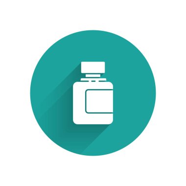 Uzun gölge ile izole beyaz sos şişe simgesi. Ketçap, hardal ve mayonez şişeleri ile hızlı yemek için sos. Yeşil daire düğmesi. Vektör Illustration