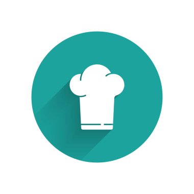 Beyaz Şef şapka ikonu uzun gölgeli izole edilmiş. Aşçılık sembolü. Aşçı şapkası. Yeşil daire düğmesi. Vektör İllüstrasyonu