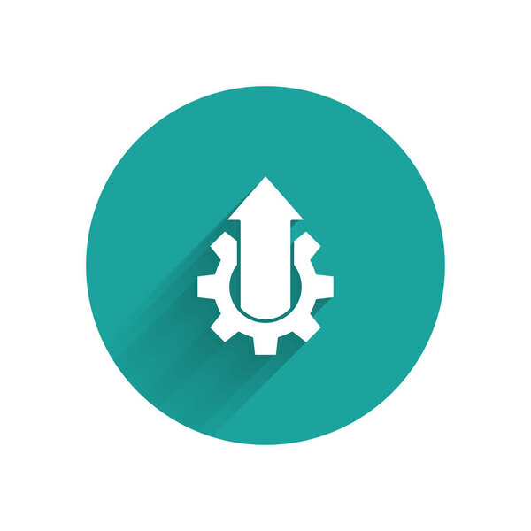 White Arrow growth gear business icon isolated with long shadow. Productivity icon. Green circle button. Vector Illustration