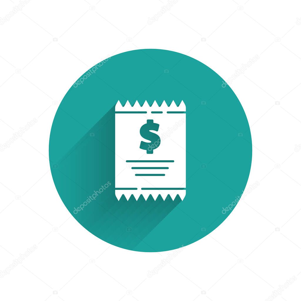 White Paper check and financial check icon isolated with long shadow. Paper print check, shop receipt or bill. Green circle button. Vector Illustration