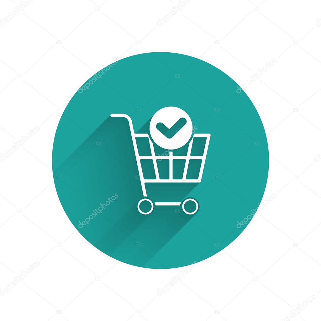 White Shopping cart with check mark icon isolated with long shadow. Supermarket basket with approved, confirm, done, tick, completed. Green circle button. Vector Illustration