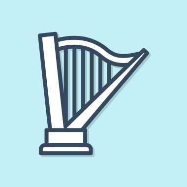 Mavi çizgi harp simgesi mavi arkaplanda izole edildi. Klasik müzik enstrümanı, orkestra akustik elementi. Vektör İllüstrasyonu