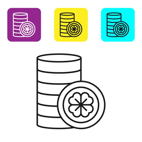 Schwarze Linie Goldmünze Mit Vier Kleeblatt Symbol Isoliert Auf Weißem — Stockvektor