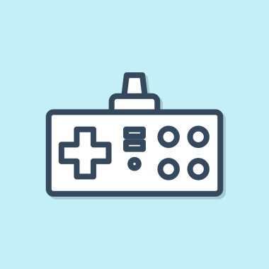 Mavi çizgi Gamepad simgesi mavi arkaplanda izole edildi. Oyun kontrolörü. Vektör İllüstrasyonu