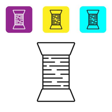 Beyaz arka planda yalıtılmış makara simgesi üzerinde siyah çizgi Dikiş iplik. İplik makara. İplik bobini. Simgeleri renkli kare düğmeleri ayarlayın. Vektör İllüstrasyonu