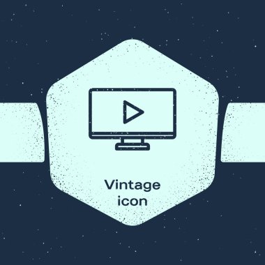 Grunge Line Online video oynatma simgesi mavi arkaplanda izole edildi. Bilgisayar monitörü ve oyun işaretli film şeridi. Tek renkli klasik çizim. Vektör İllüstrasyonu