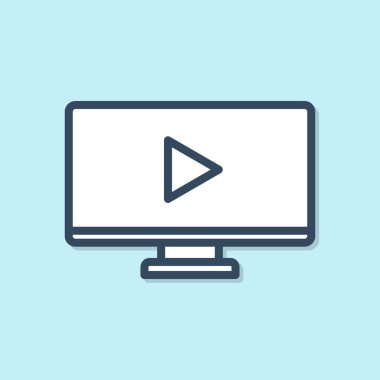 Blue line Online play video icon isolated on blue background. Computer monitor and film strip with play sign.  Vector Illustration