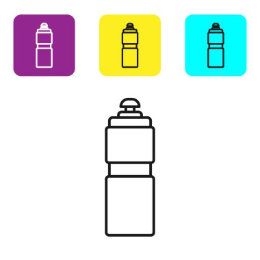 Beyaz arkaplanda siyah çizgi fitness sallama simgesi izole edildi. Su ve protein kokteylleri için kapaklı spor karıştırıcı şişesi. Renkli kare düğmeleri ayarlayın. Vektör İllüstrasyonu