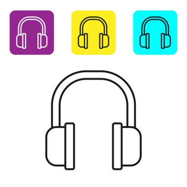 Siyah çizgi kulaklık simgesi beyaz arkaplanda izole edildi. Kulaklık işareti. Müzik, hizmet, iletişim ve operatör konsepti. Renkli kare düğmeleri ayarlayın. Vektör İllüstrasyonu
