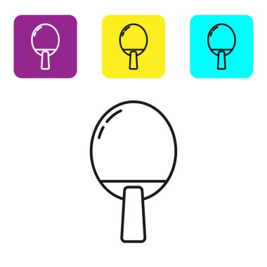 Masa tenisi ikonunu oynamak için siyah hat raketi beyaz arka planda izole edilmiş. Renkli kare düğmeleri ayarlayın. Vektör İllüstrasyonu