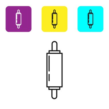 Siyah çizgi yuvarlanan pin simgesi beyaz arkaplanda izole edildi. Renkli kare düğmeleri ayarlayın. Vektör İllüstrasyonu
