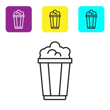 Beyaz arka plan üzerinde izole karton kutu simgesi siyah çizgi Patlamış mısır. Patlamış mısır kova kutusu. Simgeleri renkli kare düğmeleri ayarlayın. Vektör İllüstrasyonu