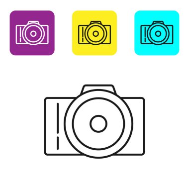 Siyah çizgi Fotoğraf kamerası simgesi beyaz arka planda yalıtılmış. Foto kamera simgesi. Simgeleri renkli kare düğmeleri ayarlayın. Vektör İllüstrasyonu