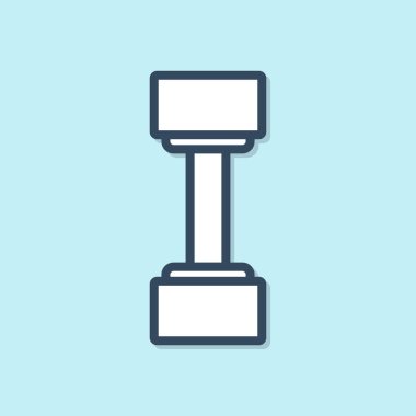Mavi çizgi Dumbbell simgesi mavi arkaplanda izole edildi. Kas kaldırma ikonu, fitness halteri, beden eğitimi ikonu, spor malzemeleri sembolü, egzersiz bumbzili. Vektör İllüstrasyonu