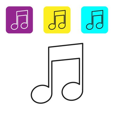Siyah çizgi müzik notası, ton simgesi beyaz arkaplanda izole edilmiş. Renkli kare düğmeleri ayarlayın. Vektör İllüstrasyonu