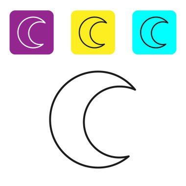 Siyah çizgi Ay ve yıldız simgesi beyaz arkaplanda izole edildi. Renkli kare düğmeleri ayarlayın. Vektör İllüstrasyonu