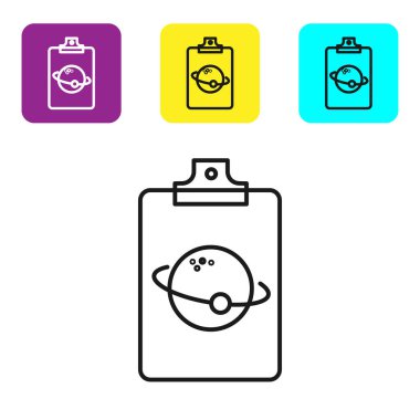 Siyah çizgi gezegen simgesi beyaz arkaplanda izole edildi. Renkli kare düğmeleri ayarlayın. Vektör İllüstrasyonu