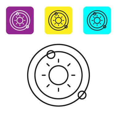 Siyah çizgi güneş sistemi simgesi beyaz arkaplanda izole edildi. Gezegenler yıldızın etrafında dönerler. Renkli kare düğmeleri ayarlayın. Vektör İllüstrasyonu