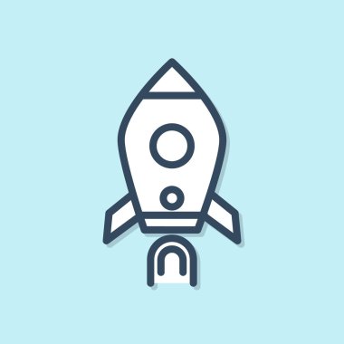 Mavi çizgi roket gemisi mavi arka planda izole edilmiş ateş ikonu var. Uzay yolculuğu. Vektör İllüstrasyonu