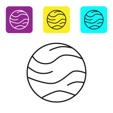 Siyah çizgi gezegen simgesi beyaz arkaplanda izole edildi. Renkli kare düğmeleri ayarlayın. Vektör İllüstrasyonu