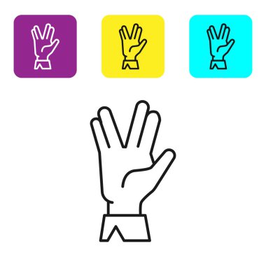 Siyah çizgi Vulkan selamlama simgesi beyaz arkaplanda izole edildi. Vulcan selamı. Spock sembolü. Renkli kare düğmeleri ayarlayın. Vektör İllüstrasyonu