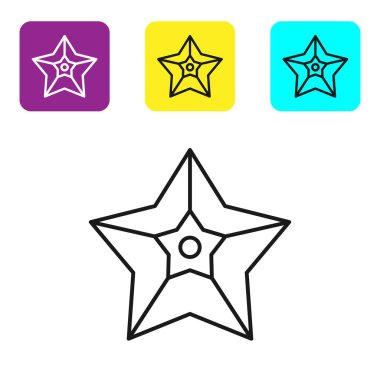 Siyah çizgi Noel yıldızı simgesi beyaz arkaplanda izole edilmiş. Mutlu Noeller ve mutlu yıllar. Renkli kare düğmeleri ayarlayın. Vektör İllüstrasyonu