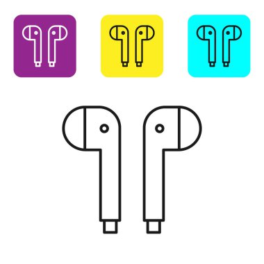 Siyah çizgi hava kulaklığı simgesi beyaz arkaplanda izole edildi. Kulaklıklar için kablosuz cihaz. Elektronik cihazlar. Renkli kare düğmeleri ayarlayın. Vektör İllüstrasyonu