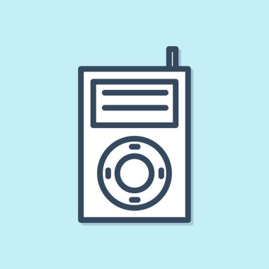 Mavi çizgi Müzik Mp3 çalar simgesi mavi arkaplanda izole edildi. Taşınabilir müzik cihazı. Vektör İllüstrasyonu