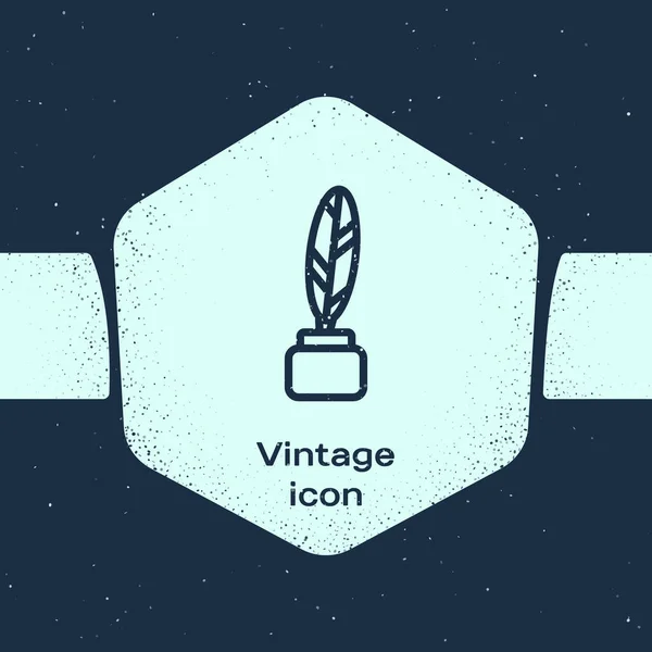 Grunge Line Feather Inkwell Icon Isolated Blue Background Monochrome Vintage — ストックベクタ