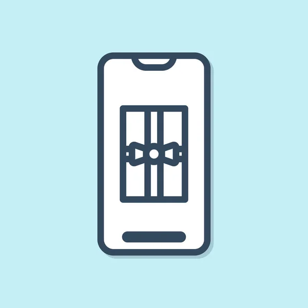 Blue Line Smartphone Gift Box Screen Icon Isolated Blue Background — ストックベクタ