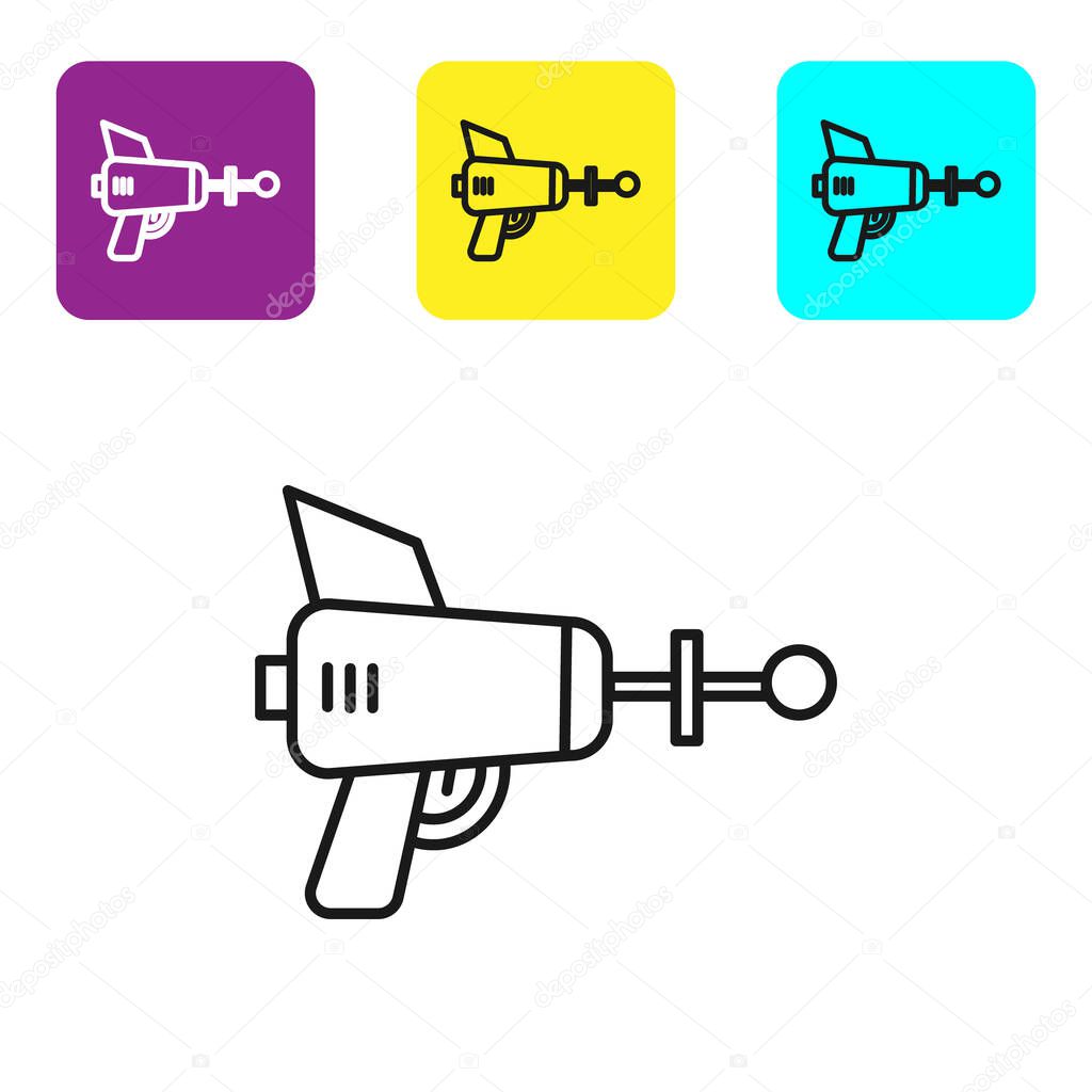 Black line Ray gun icon isolated on white background. Laser weapon. Space blaster. Set icons colorful square buttons. Vector Illustration